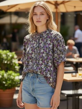 Talbots Floral Button-Front Ruffled Collar Blouse – Purple, Cream & Brown